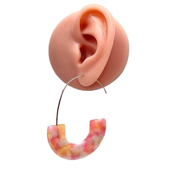 Peach with Orange C Shaped Tortoise Shell Acrylic Yellow Gold Hoop Earrings - Picture 6 of 6